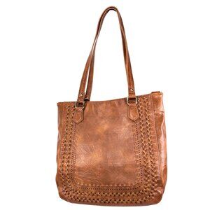 Madison West Brown Leather Double Woven Whipstitch Large Boho Western Tote